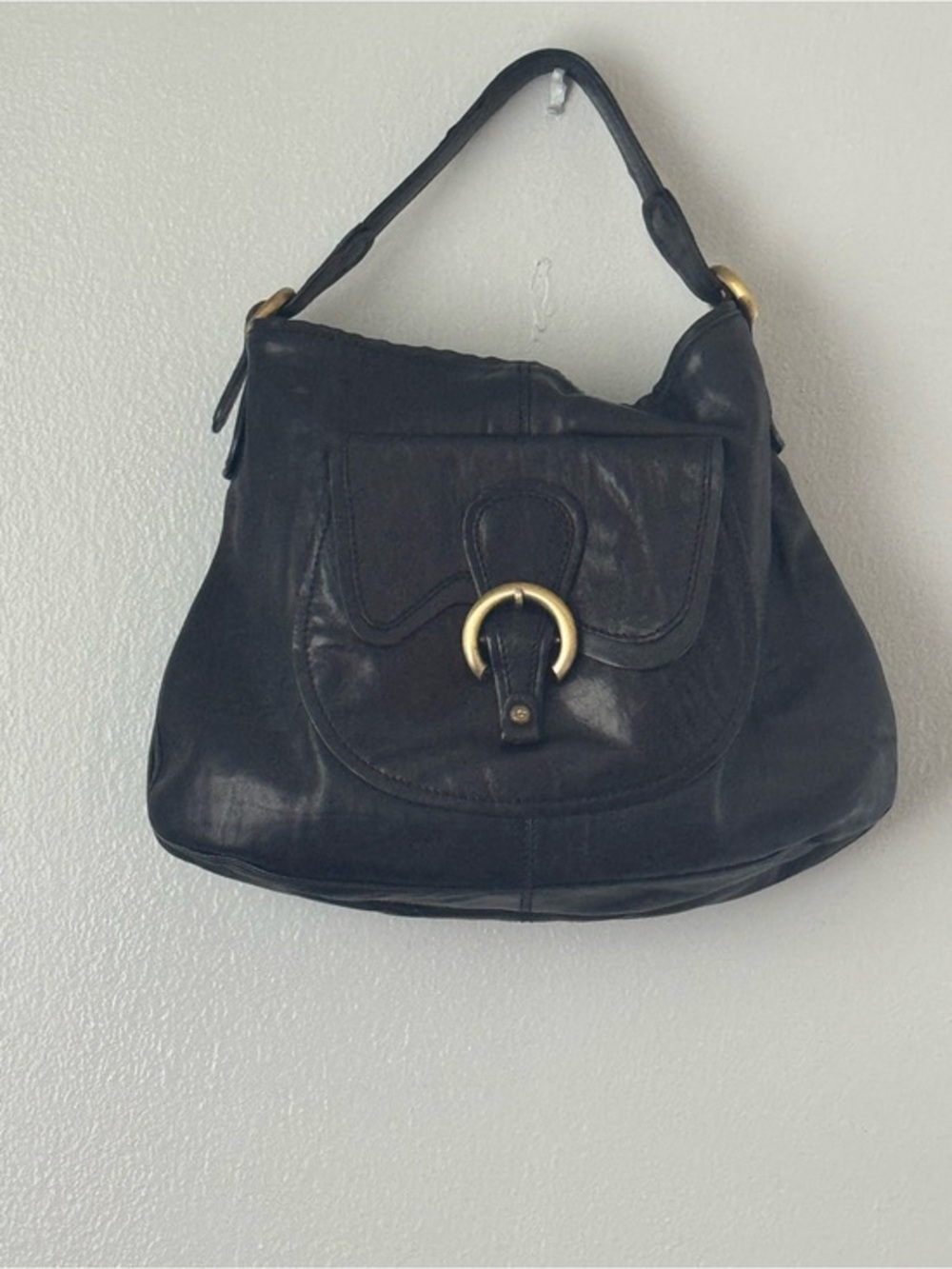 Francesco Biasia Black Leather Hobo Bag Ring Buckle Italian Designer Purse